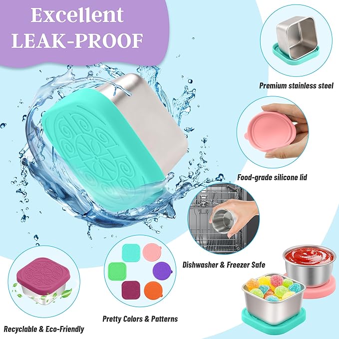 6 PCS Salad Dressing Container to Go,Handy Leakproof Stainless Steel Meal Prep Containers Reusable,Sauce Containers for Lunch Box, Picnics, Travel, Office and Kitchen Storage-1.6oz+2.7oz