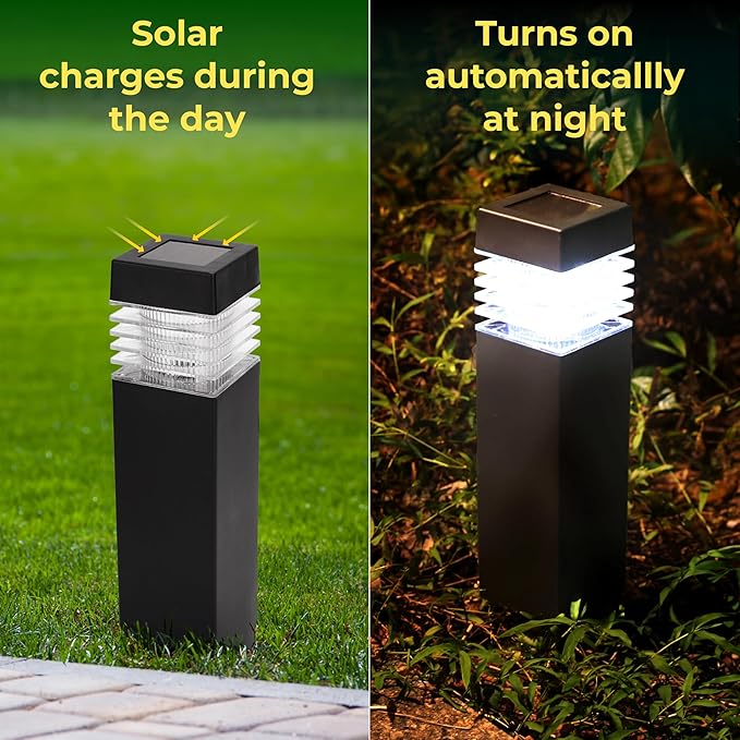 TECHKO Solar Small Bollard Rectangular Pathway Lights – 4-Pack, Dusk-to-Dawn, Weather-Resistant Outdoor LED Lighting