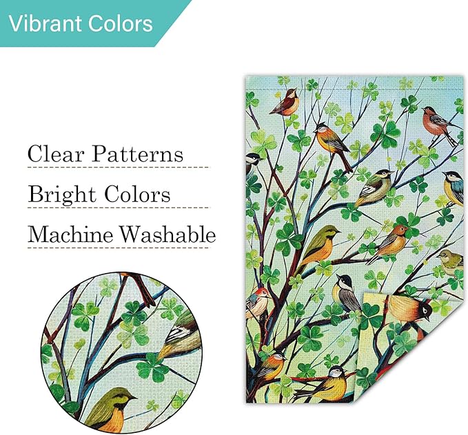 Louise Maelys St Patricks Day Garden Flag Shamrock Bird Tree Welcome Double Sided 12x18 Inch Small Burlap Spring Holiday Yard Outdoor Outside Home Decor