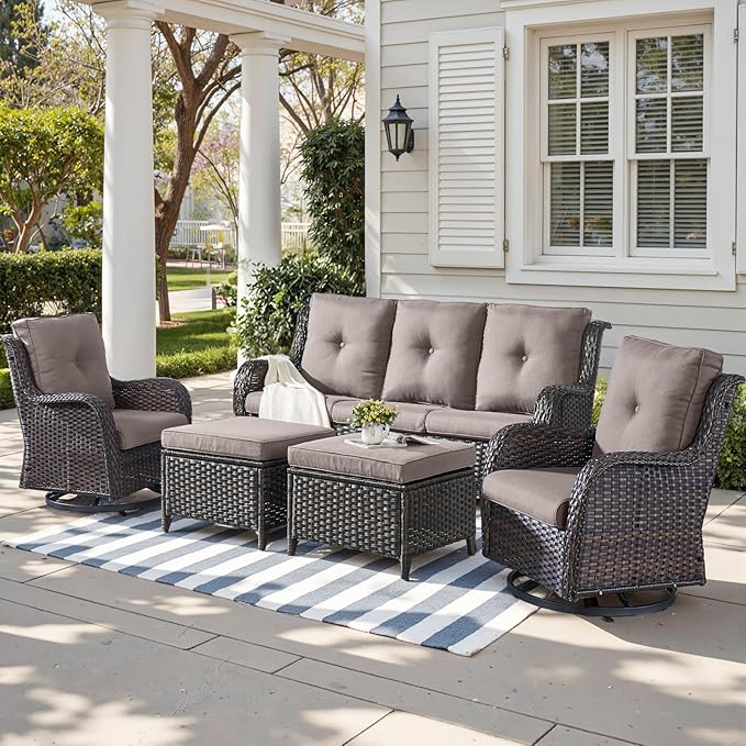 Outdoor Wicker Patio Furniture Set - 5 Piece Rattan Patio Conversation Set with 2 Rocking Swivel Chairs,2 Ottomans and 1 Sofa for Porch Deck Backyard Garden(Brown/Grey)