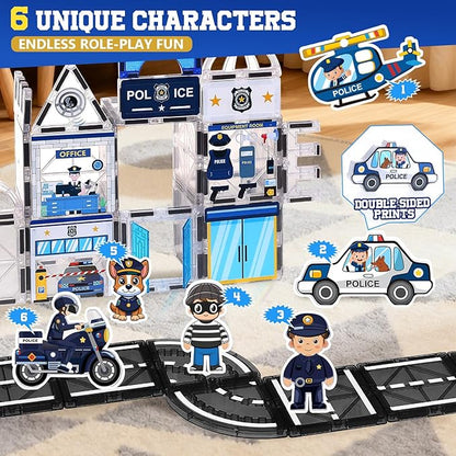 60PCS Police Station Magnetic Tiles Set with 6 Magnetic Dolls,Magnet Tiles Building Blocks for kids,Toy for Boys 3-5 4-8-12 Gifts,STEM City Police Toys Include Policeman,Puppy,Criminal,Vehicles,Prison