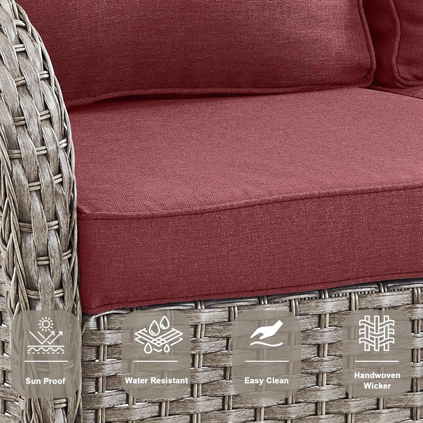 5 Piece Outdoor Patio Furniture Set with Deep Seating Swivel Rocker Chairs Loveseat and Rattan Coffee Table Outdoor Conversation Sets for Deck Backyard Poolside,Gray Wicker Red Cushion