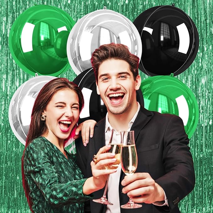 Green Silver Black Giant Foil Balloons, 6 Pcs Large Metallic Green and Black Round Balloons, 22 Inch Big Round Foil Balloon for Birthday Party Baby Shower Graduation Prom Wedding Decorations