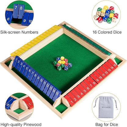 Upgraded 16.54'' Shut The Box Dice Game 4 Player-Colorful Wooden Close The Box Game with 15 Numbers + 16 Dices- Tabletop Math Board Game Kids & Adults