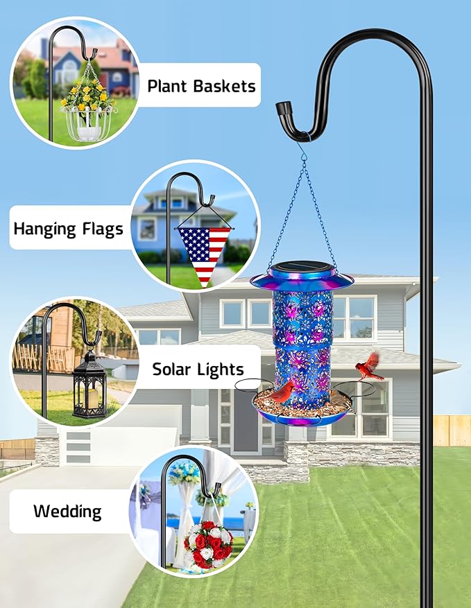 XDW-GIFTS Bird Feeder Pole for Outdoor, 2-Pack 92 Inch Shepherds Hooks Heavy Duty Garden Pole for Hanging Plant Basket, Solar Light Lanterns, Garden Plant Hanger Stands with 5 Base Prongs