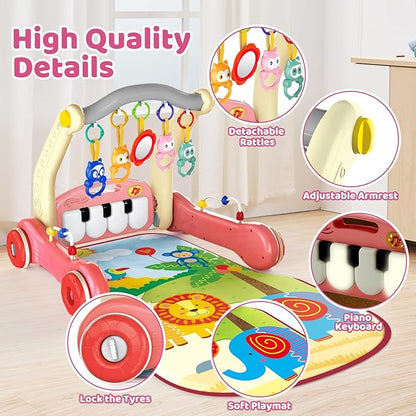 2 in 1 Baby Gym Play Mat with Walker, Kick and Play Piano Gym Activity for Boys Girls, Musical Activity Center Tummy Time Mat for 0-3-6-12-18 Months, Learning Walker Play Gym for Infant Girl Gift(RED)