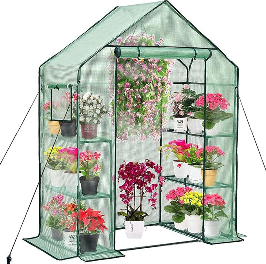 Walk-in Greenhouse for Outdoors w/ Mesh Side Windows, 3 Tiers 6 Shelves PE Cover Green House Portable Warm House for Seedling Flowers Growing 20 Pcs T-Type Plant Tags Include (GHW001G)