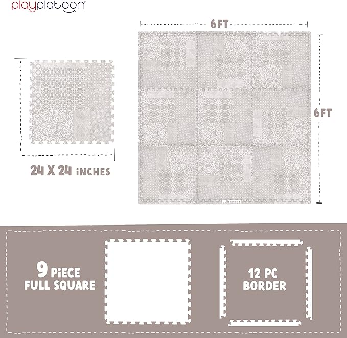 Play Platoon Non-Toxic Extra-Thick Childrens Foam Play Mats for Floor, 9 Tiles - 72 x 72 inch Comfortable Cushioned Foam Floor Puzzle Tiles for Kids & Toddlers with 24 x 24 inch Sets - Khaki