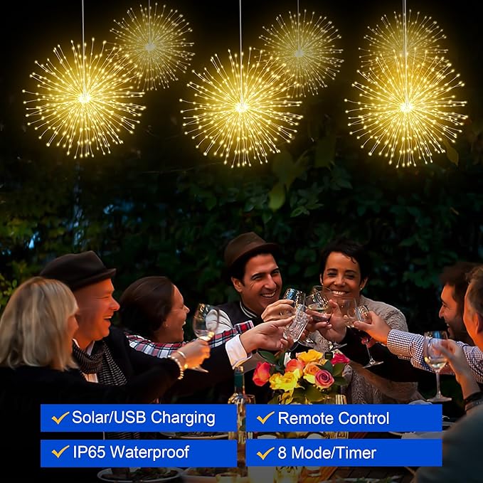 Solar Firework Lights Outdoor, 1000 LED Starburst Light Outdoor with USB Rechargerable, 8 Modes Waterproof Solar Hanging Lights for Gazebo Yard Party Wedding Decorations (Warm White, 1000 LED)