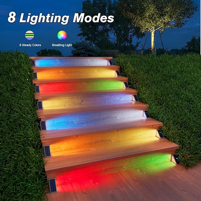 VOLISUN Solar Stair Lights 8 Pack, 7 Fixed Colors, Solar Step Lights Outdoor Waterproof IP67, LED Outdoor Step Light, Deck Light Outdoor Decor for Garden Stair, Front Step, Porch and Patio