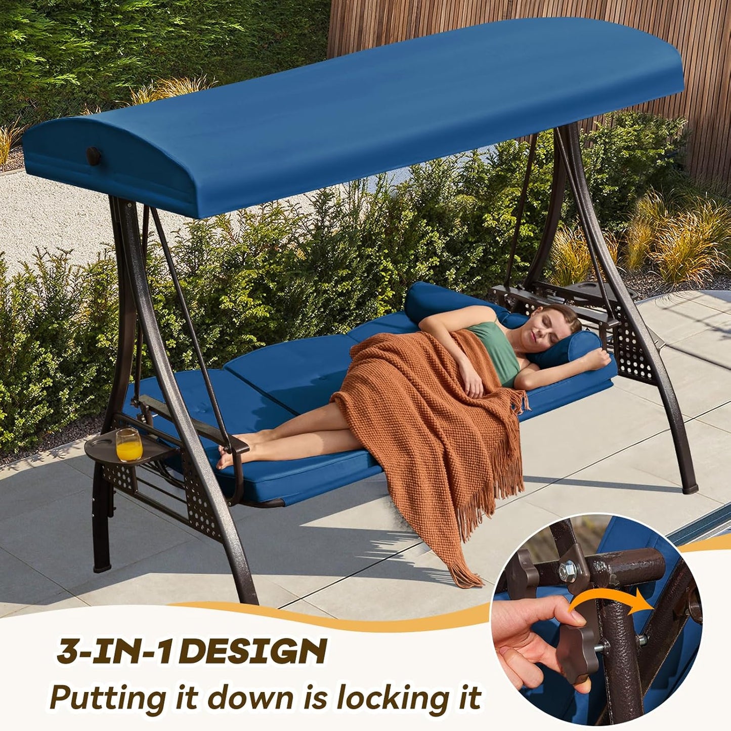 3 in 1 Outdoor Porch Swing with Adjustable Canopy, 3 Seat Outdoor Swing for Adults, Patio Swing Chair with Thickened Cushions,Pillows & Cup Holders for Backyard, Porch, Garden (Blue)