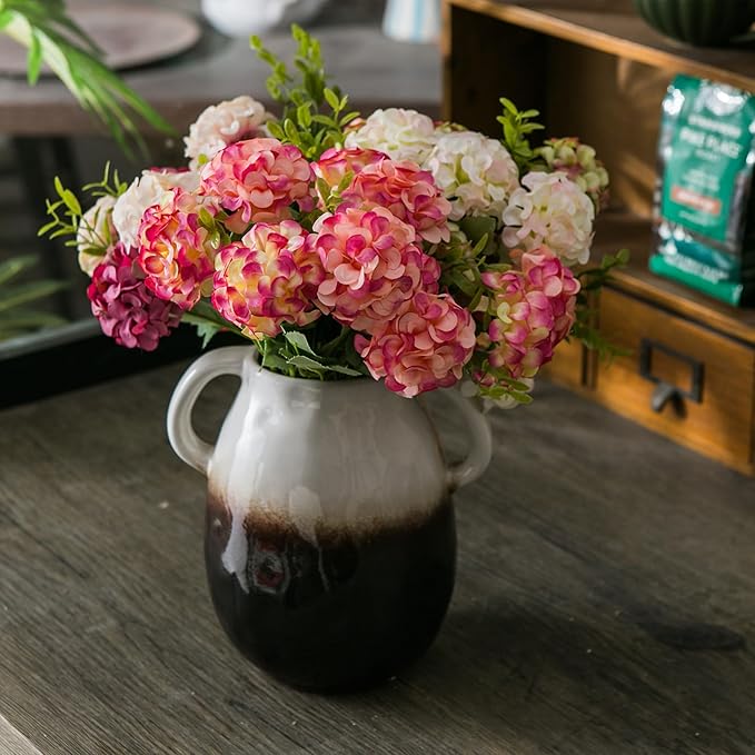 White Gradient Ceramic Vase with 2 Handles, Modern Farmhouse Decor, Rustic Terracotta Pottery, Decorative Flower Vases, Clay Small Vase, Centerpiece for Dining Table - 7 Inch Tall