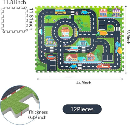 Foam Play Mat for Baby, Interlocking Foam Tiles, City Road Track Puzzle Mat 12 Pieces