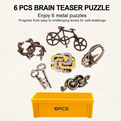 6 PCS Metal Brain Teaser Puzzles Logic Metal Puzzle for Adult Kid Toy Lock Puzzles Gift for Adults Teenagers Kids