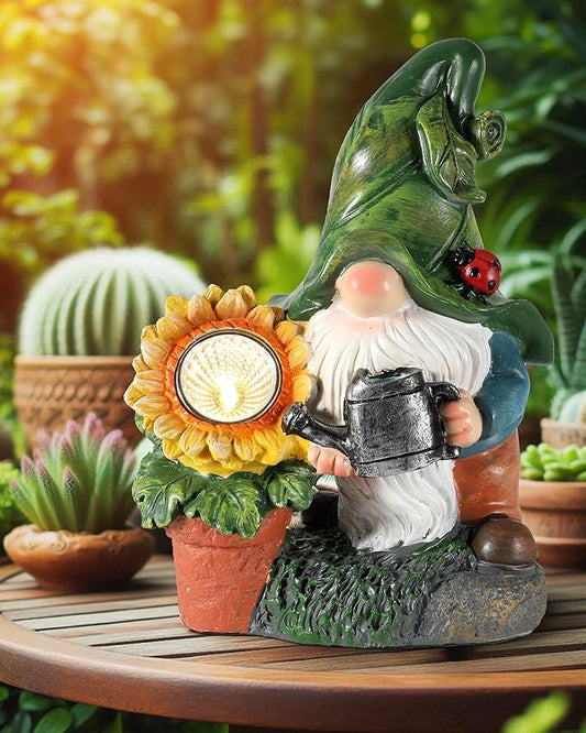 Solar-Powered Garden Gnome Watering Can Sunflower - 12 in Garden Decor Gnomes Decorations for Yard Lawn Ornaments Outside Statue Figurine LED Lights (Gnome)