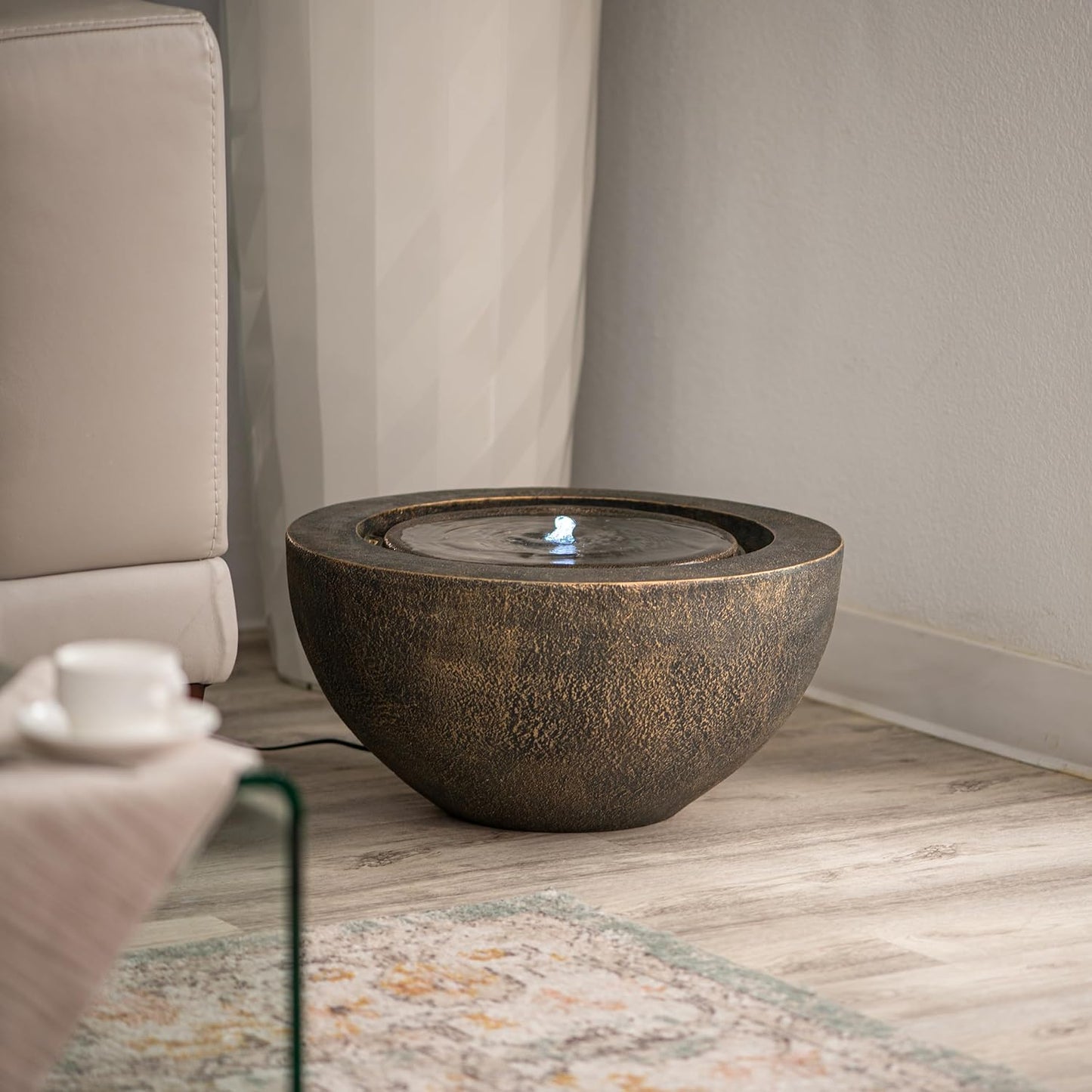 Xbrand 19.8" W Round Polyresin Indoor/Outdoor Sphere Water Fountain with LED Light, Garden/Patio Water Fountain Décor, Bronze