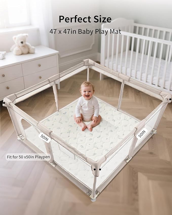 Play Mat for Baby, Soft Foam Floor Pads, 47"x47" Tummy Time Play mat for Infant and Toddler, Portable Foldable Puzzle Mat for Nursery, Outdoor Yard or Playpen (Ocean Ivory)