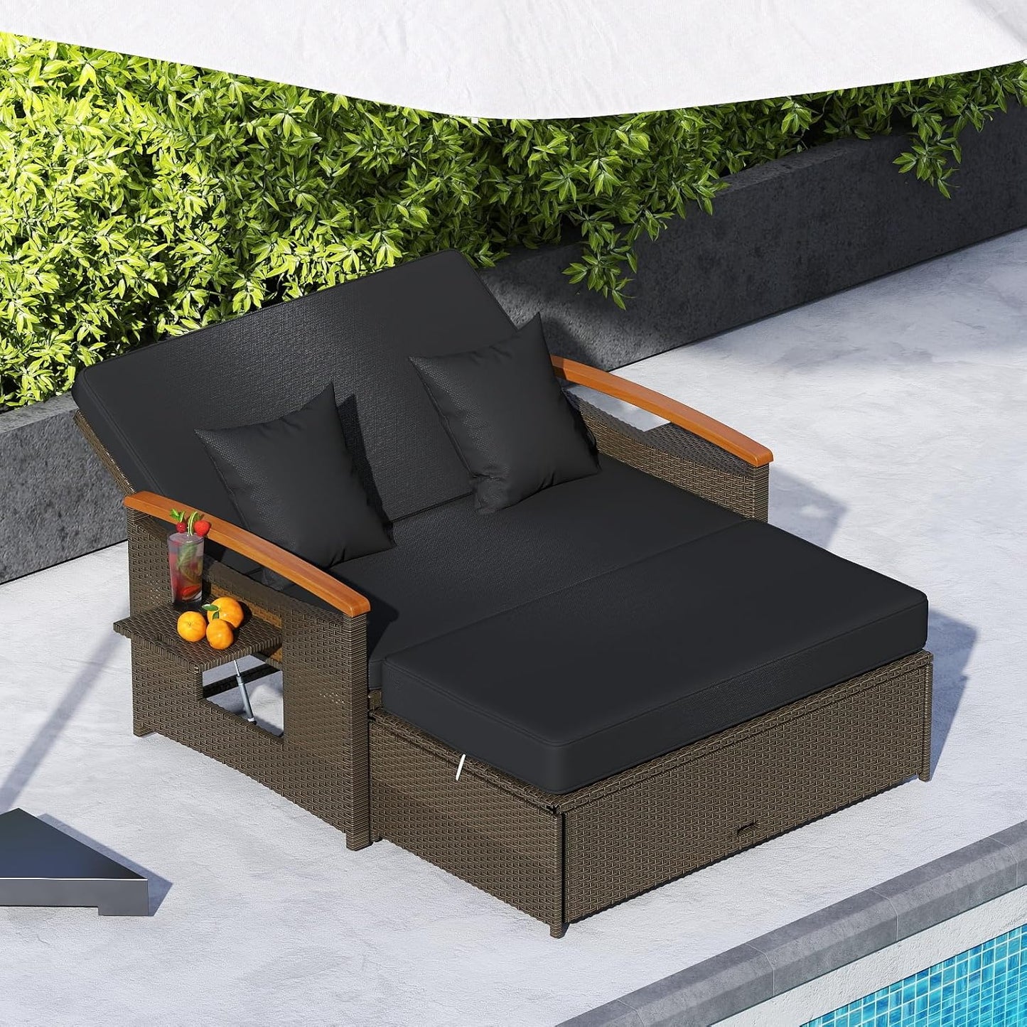 Tangkula Patio Rattan Daybed Set with Cushioned Loveseat and Storage Ottoman, Outdoor Double Chaise Lounger with 4-Level Adjustable Backrest and Retractable Side Trays for Backyard (Black)