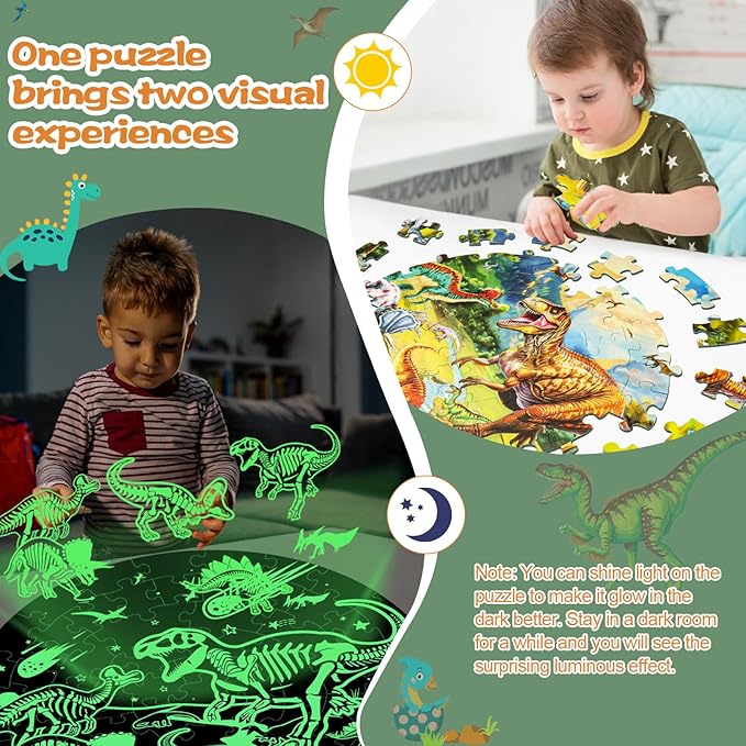 Glow-in-The-Dark Dinosaur Floor Puzzles for Kids Ages 4-6, Kids Jigsaw Puzzles Ages 6-8, 70PCS Large Round Dino Educational Puzzle Toys Gifts for 3 4 5 6 7 8 Years Old Boys Girls Children