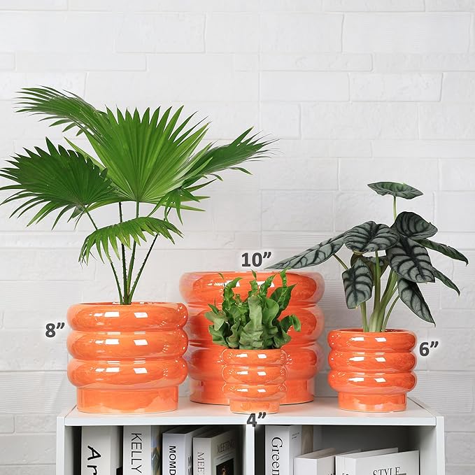7.8 Inch + 5.7 inch 2 pcs Ceramic Plant Pots for Indoor Plants, Rainbow Pearl Glaze Planter with Planters for Plants with Drainage Hole, Orchid Pots, Succulent Pot, Flower Pot (Orange)