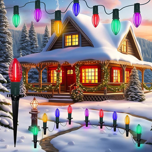 C9 LED Christmas Pathway Light, 38FT Multicolor Pathway Christmas Lights with 27 Multicolored Jumbo LED Bulbs, Connectable Christmas Walkway Lights for Lawn Walkway Lane Marker Lighting Decoration