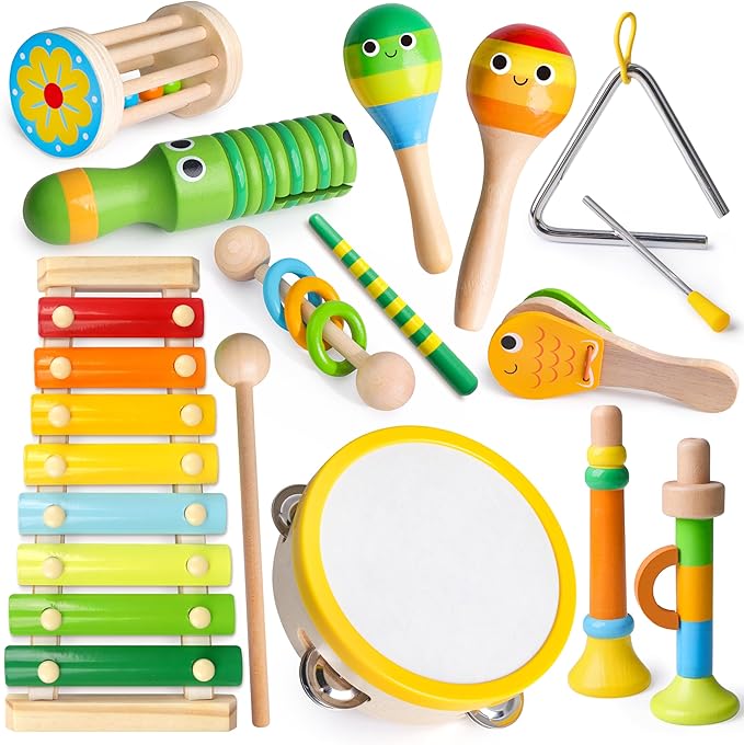 Coogam Wooden Musical Instruments for Toddlers, Tambourine Xylophone Castanet Flute Maracas Playset, Wood Percussion Rhythm Music Toy, Montessori Educational Learning Gift