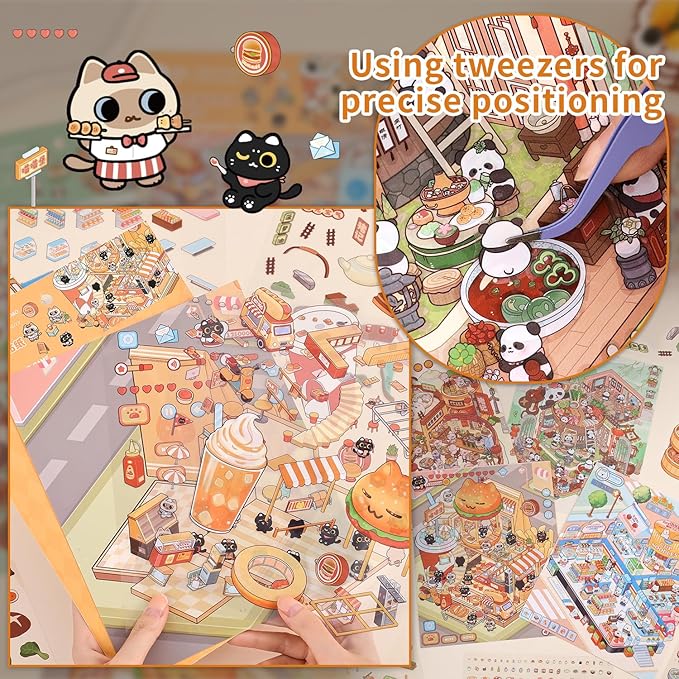 Girls 3D Miniature Scene Stickers, 4 Sets Mini Stores DIY House Stickers for Burger, Hot Pot, Convenience Store, Breakfast, Cute 3D Cartoon Scene Stickers for Adult Kids Relief Stress Pass The Time