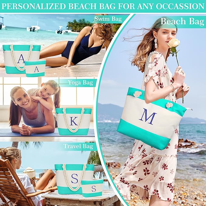 YOOLIFE Beach Bags for Women - Initial Tote Waterproof Bag with Makeup Bag, Mothers Day Gifts for Women Mom Friend Birthday