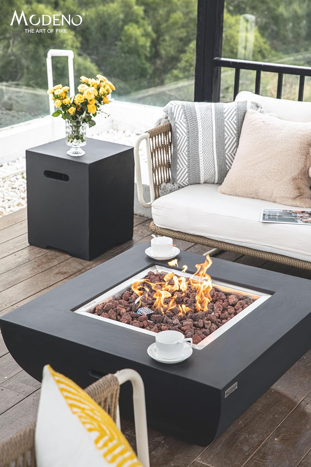 AMS Fireplace | Modeno Aurora Package | Black Natural Gas Fire Pit Table for Outside Patio Bundle with Wind Guard, and SS Burner Lid | Free Rubber Mat & Ice Bucket