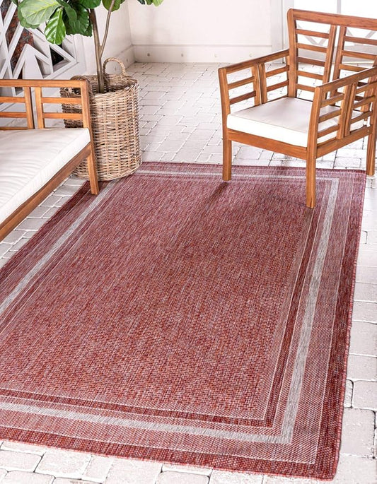 Unique Loom Outdoor Border Collection Area Rug - Soft Border (4' 1" x 6' 1" Rectangle, Rust Red/ Ivory)