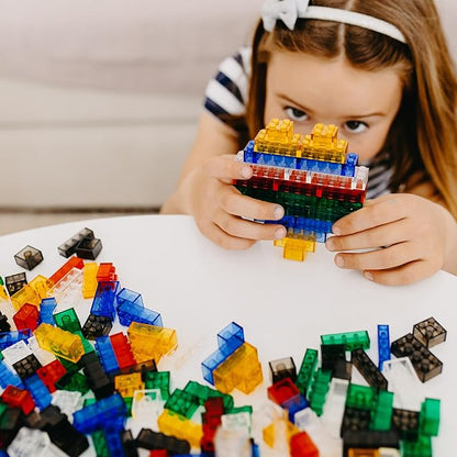 Transparent Building Bricks Set - 300-Piece Crystal-Clear Edition - Includes Reusable Storage Container - Fully Compatible with Other Brands
