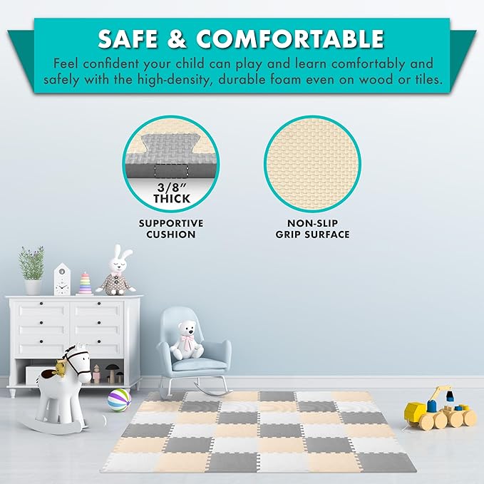ProSource Foam Puzzle Floor Play Mat for Kids and Babies with Solid Colors, 36 or 16 Interlocking Tiles with Borders, White/Grey/Beige