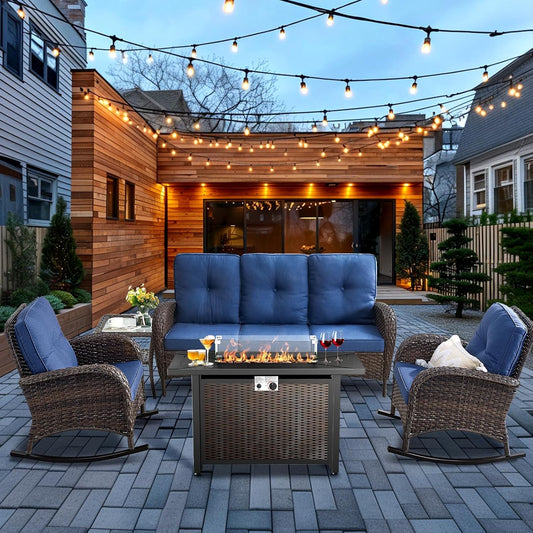 HUMMUH 5-Piece Patio Furniture Set with Fire Pit,Wicker Outdoor Rocking Chairs Patio Sofa for Backyard,Poolside,Deck