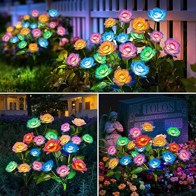 WdtPro 10 Pack Solar Lights Outdoor Decorative, Solar Powered Garden Lights Outdoor Waterproof, Color Changing Solar Flowers LED Rose Light for Outside Pathway Patio Yard Grave Garden Decor, Gifts