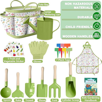 Kids Gardening Set 14Pcs Gardening Tools for Kids with Tote Bag,Watering Can, Shovel, Apron, Garden Book and More Educational STEM Learning Outdoor for Toddlers Boys Girls (Green-1)