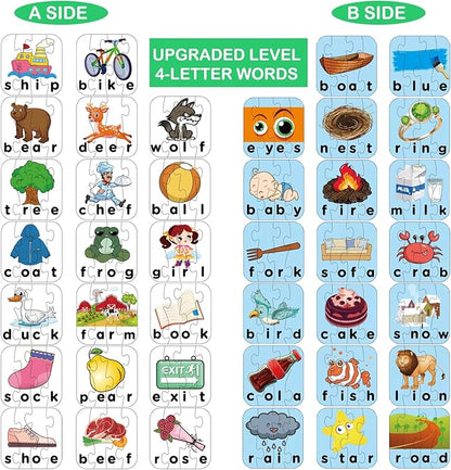 80 Words Self-Correcting Spelling Puzzles, Double-Sided Three and Four Letter Words with Matching Images, Perfect for Preschool Learning