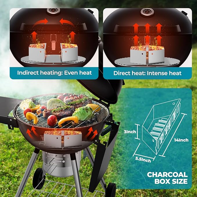 Premium 22 Inch Charcoal Grills with 2 Foldable Tables, BBQ Grill with Cover, Outdoor Barbecue Grill with Ash Catcher, Portable Charcoal Kettle Grills with Wheels for Camping Party Backyard