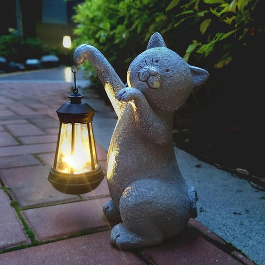 Cat Solar Garden Statues,Resin Cat Figurine Decorations with Solar Lights Lantern, Outdoor Figurines Lawn Cats Statue Decor Art for Lawn,Yard, Balcony Ornament,Gift for Garden Home Mom.