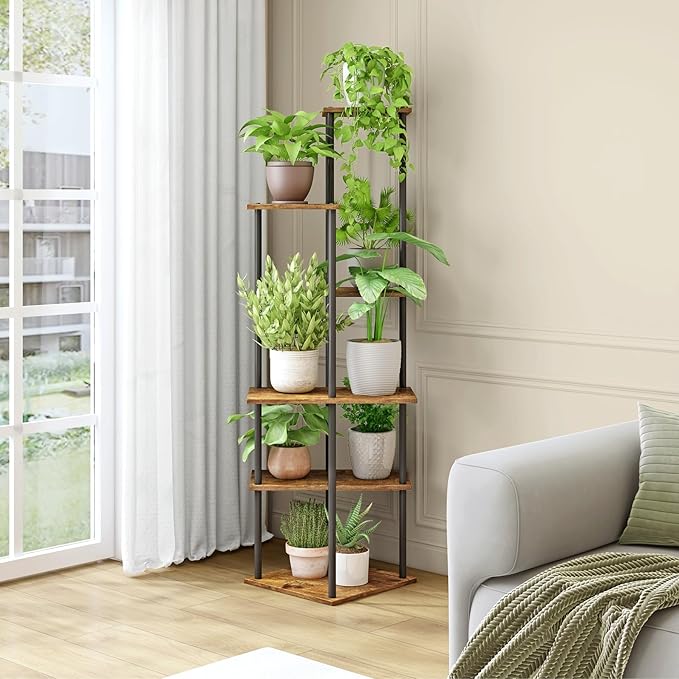 Plant Stand Indoor 6-Tier Metal Wood Plant Shelf for Multiple Flower Pots Corner Tall Flower Holders for Living Room Balcony Bedroom, Rustic Brown