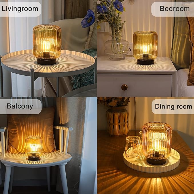Battery Operated Lamp, Cordless Table Lamps for Home Decor, Battery Powered Nightlight with LED Bulb, Decorative Glass Beside Lamp for Bedroom Living Room-Gold