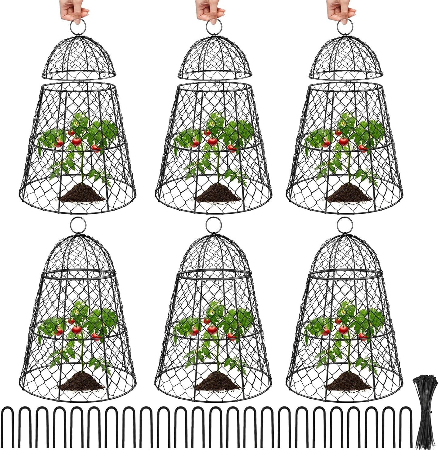 6 Pcs Garden Cloches for Plants, Metal Extra Large Chicken Wire Cloche Plant Covers, Garden Netting Plant Protectors from Animals to Keep Squirrel, Rabbit, Chicken and Bird Out 17" H x 13" D Black