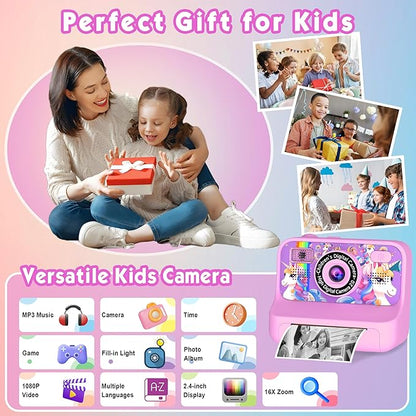 Kids Camera, Upgrade Kids Camera Instant Print, Front Rear Dual Selfie Digital CAM with 1080P Videos, Portable Travel Toy with Games and Music, Christmas Birthday Gift for Boys, Girls and Teens
