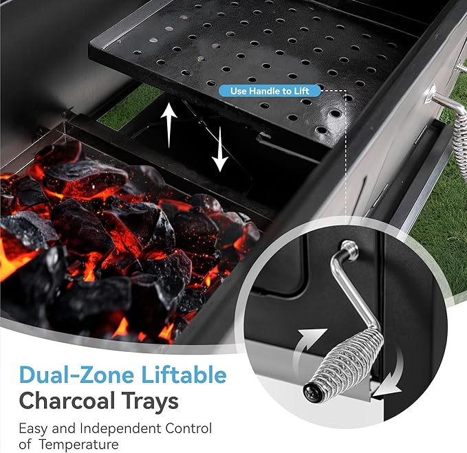 GREEN PARTY Barrel Charcoal Grill with Side Tables, 794 Square Inches Cooking Space, Large Charcoal BBQ Grill with 2 Height-Adjustable Charcoal Pans for Outdoor Backyard Patio Picnic Parties Camping