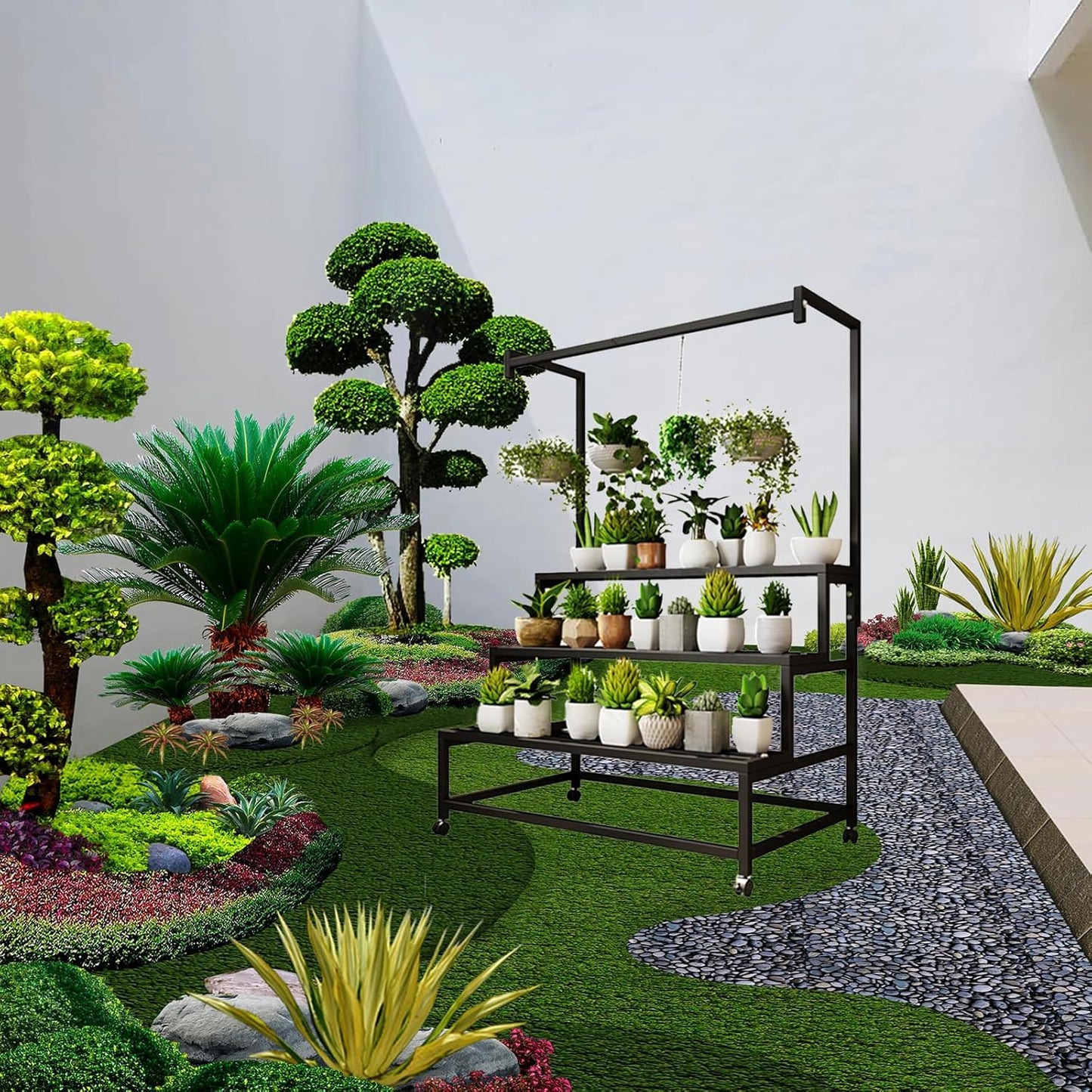 39in Large Metal Plant Stand, 3 Tier with Hanging Tall Plant pot shelf (67in), with Rollers Heavy Duty Plant Holder, for Home/Garden/living room/balcony (BLACK, 39IN)