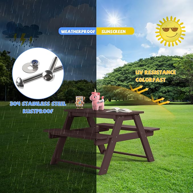 Costaelm Kids Picnic Table, HDPE All Weather Outdoor Toddler Picnic Table and Chair Set Kids Bench for Patio, Backyard, Garden, Lawn, Dark Brown