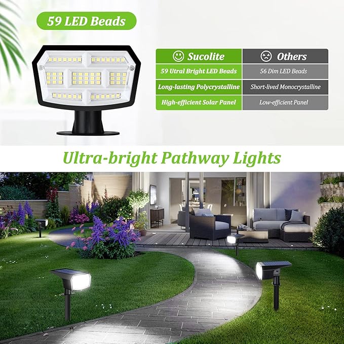 6-Pack Solar Spot Lights Outdoor, 59 LED Solar Lights Outdoor Waterproof, Outdoor Solar Lights for Yard with 3 Lighting Modes, Solar Landscape Spotlights for Garden Pathway Driveway Walkway