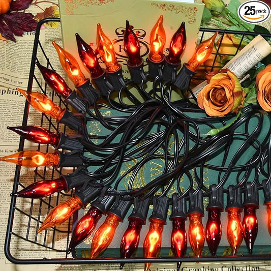 27.78 FT Halloween Ligths, C7 Clear Orange and Purple Flickering Flame String Lights Outdoor, E12 Screw Base, Flame String Lights for Halloween Indoor Outdoor Roofline Garden Patio Party Decorations