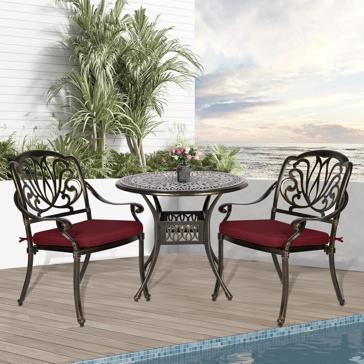 3-Piece Outdoor Patio Dining Set, All-Weather Cast Aluminum Patio Furniture Set for Backyard Garden Deck with 2 Cushioned Chairs and 35.4” Round Table, 2" Umbrella Hole, Chili Red