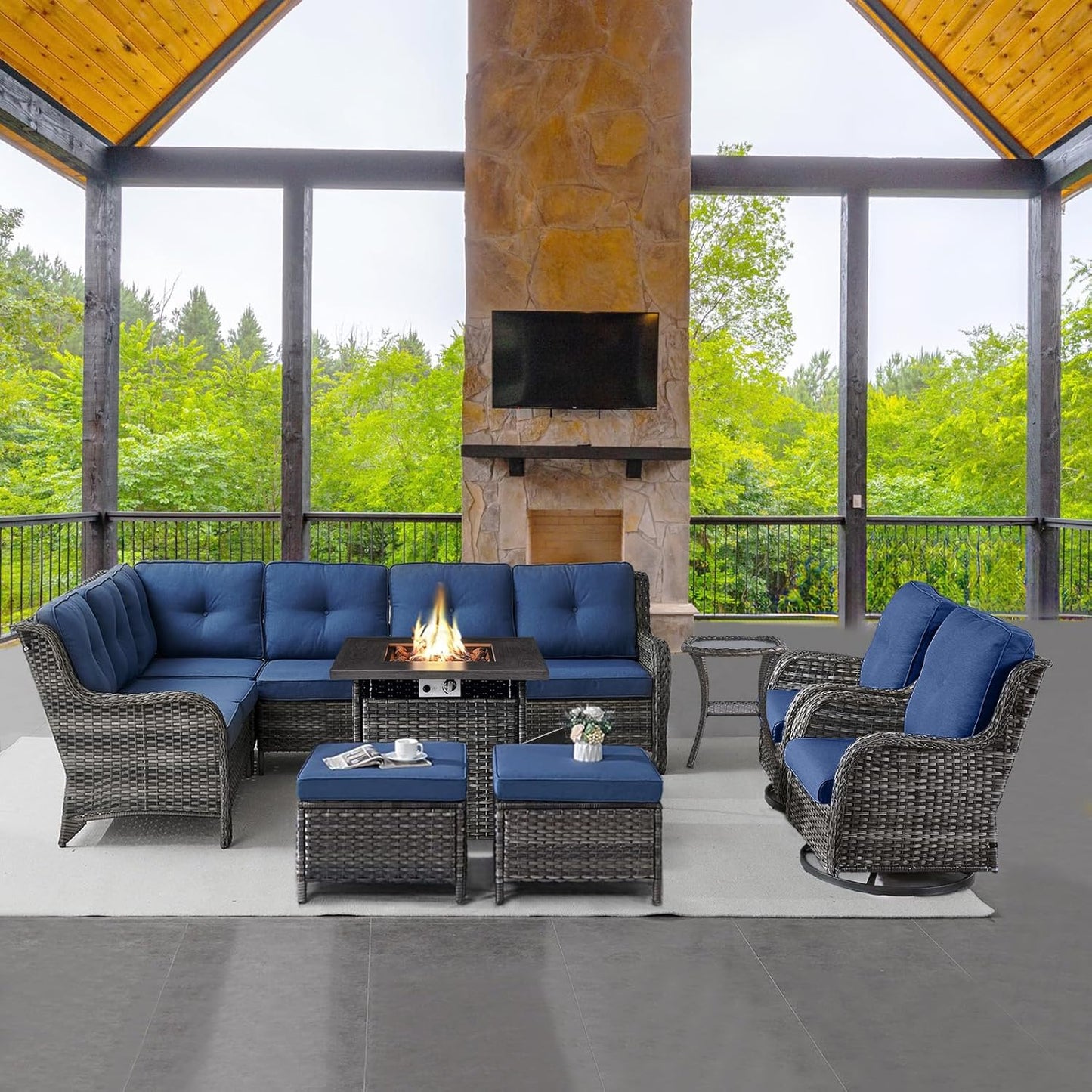 Outdoor Sectional Furniture Sofa Set with 50000BTU Propane Fire Pit Table, Wicker Patio Conversation Set with 2 Swivel Rocker Glider Chairs Blue Cushion Perfect for Backyard Casual Gathering
