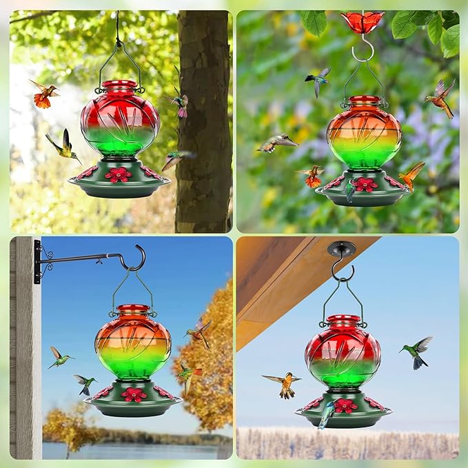 BOLITE Hummingbird Feeder, Glass Hummingbird Feeders for Outdoors Hanging, 22 Ounce, Five Feeding Ports with Perch, Peony Flower Shape, Red and Green, Gifts for Women Men, Gifts for Mom Dad